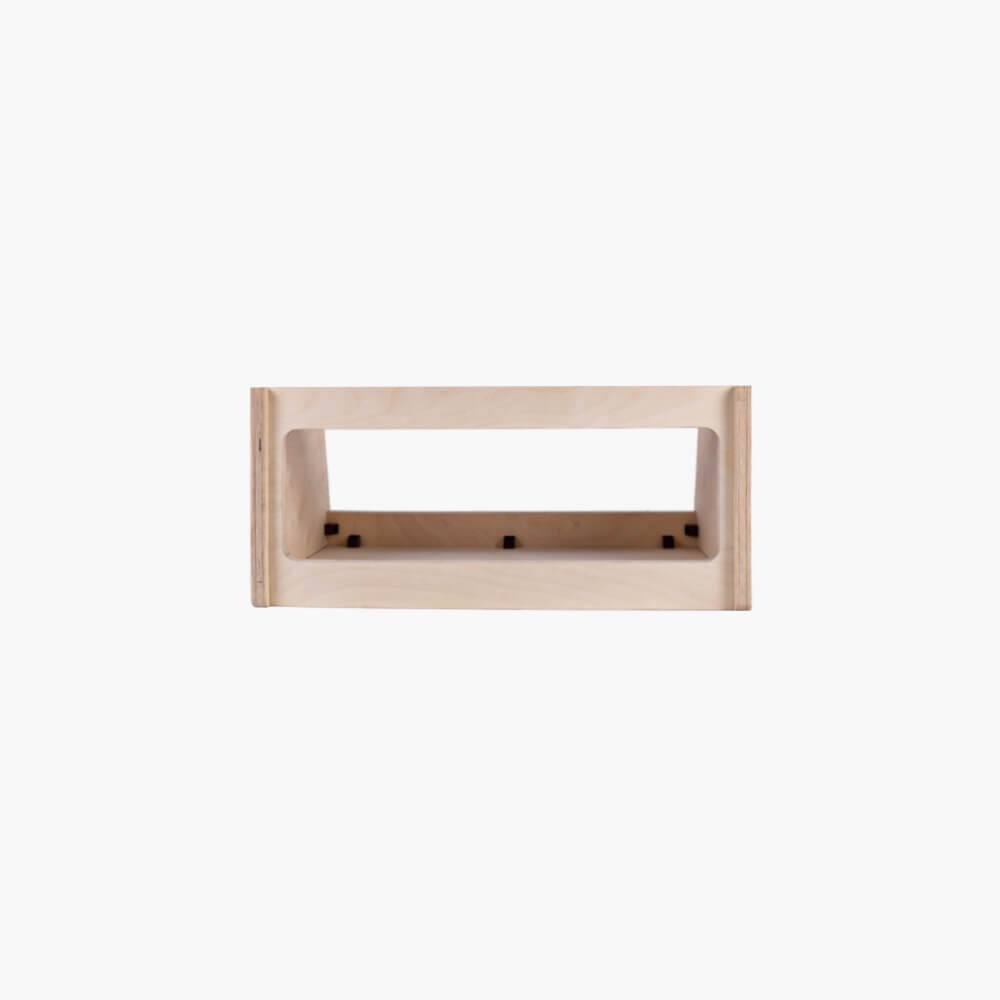 A front view of a single shelf